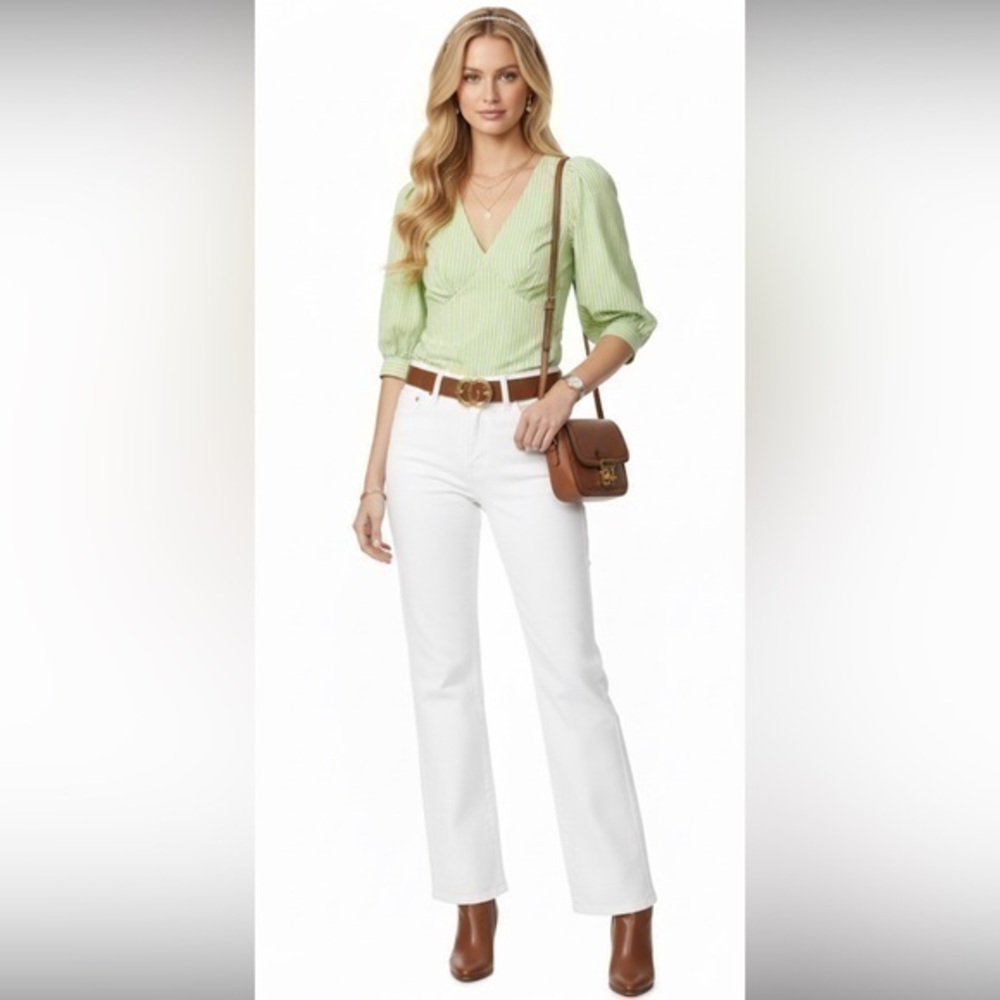 NEW Sanctuary V-Neck Green Striped Poplin Puff Sleeve Top